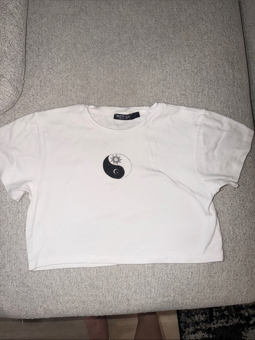 Nasty Gal White Cropped Tee with Black Yin Yang Sun/Moon Graphic
